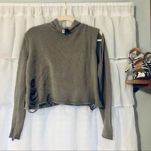 Distressed crop sweater with hood
